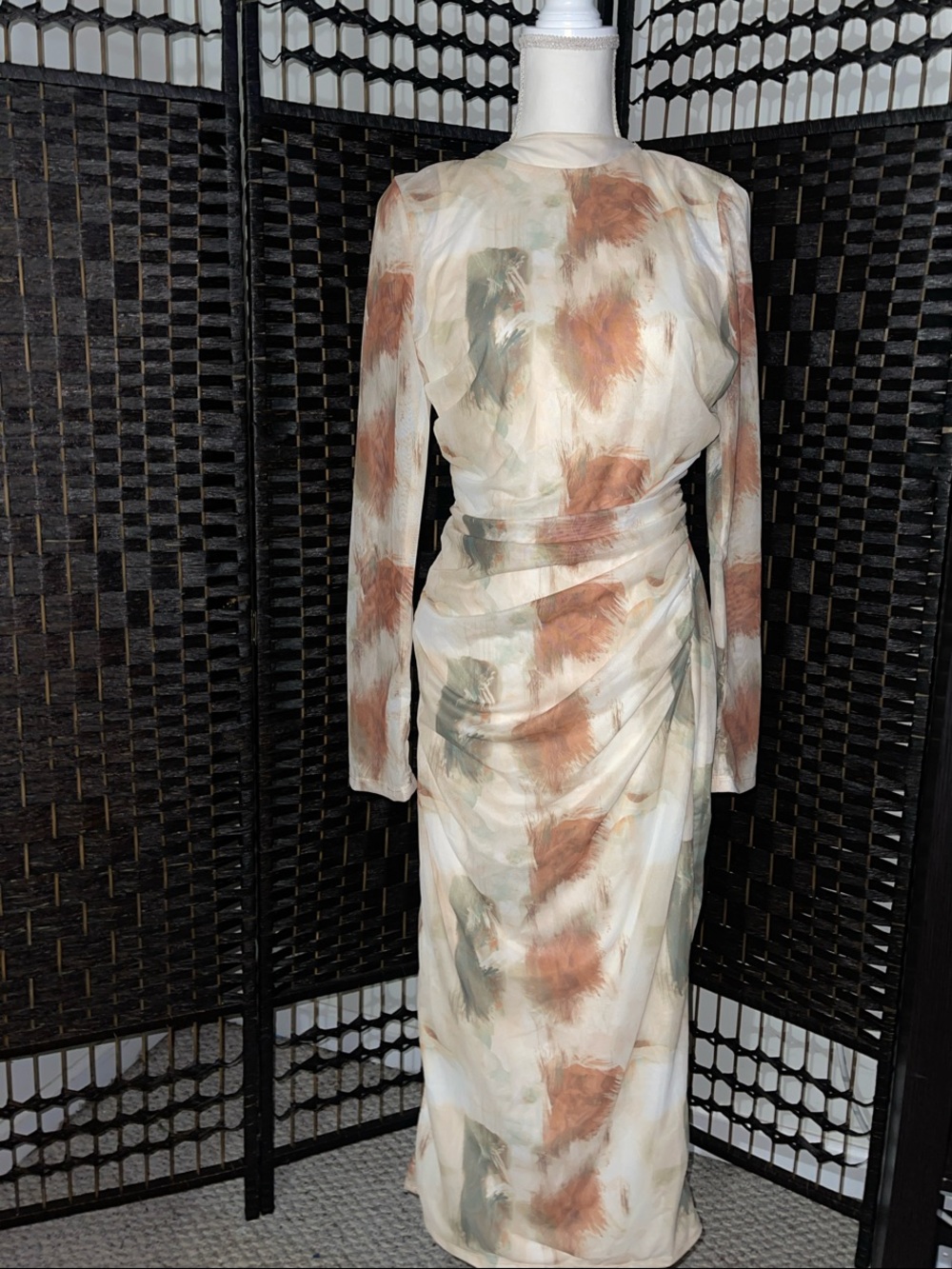 Long Sheer Sleeve Floral Print Midi Dress - Cream/Tan/Green